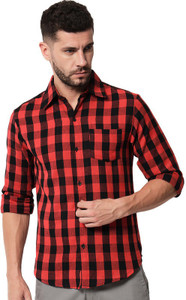 DEIFIC Men Checkered Casual Black, Red Shirt