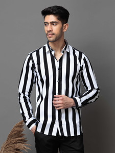 Marmic Fab Men Striped Casual White, Black Shirt