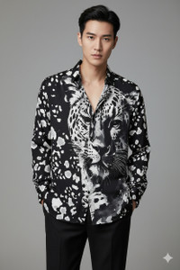 Lizardian Men Animal Print Party White Shirt
