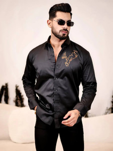 MARQVIK Men Embroidered Casual Black Shirt