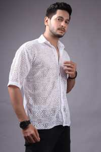 DearDean Men Self Design Casual White Shirt