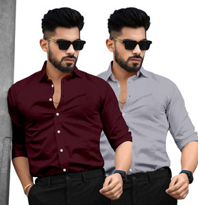 SAADIWALA Men Solid Casual Maroon, Grey Shirt