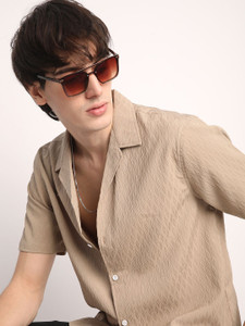 Voroxy Men Self Design Casual Khaki Shirt