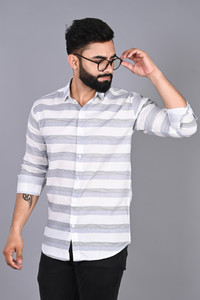 FUBAR Men Striped Casual White Shirt