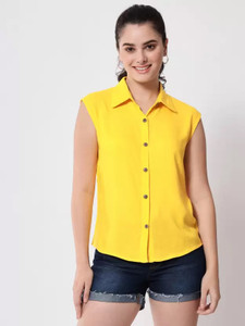 Aarvia Women Solid Casual Yellow Shirt