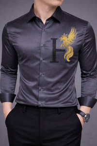 TorontoCN Men Embroidered Casual Grey Shirt
