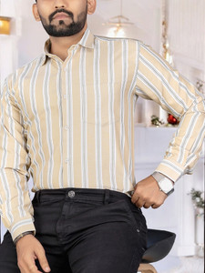 MILDIN Men Striped Formal Brown Shirt