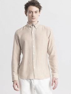 Snitch Men Striped Casual Beige Shirt