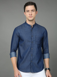 SMILE STONE Men Washed Casual Dark Blue Shirt
