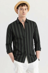 RODEIZ Men Striped Casual Green, Black Shirt