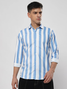youth first Men Striped Casual Blue, White Shirt