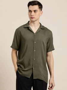 Hancock Men Self Design Casual Green Shirt