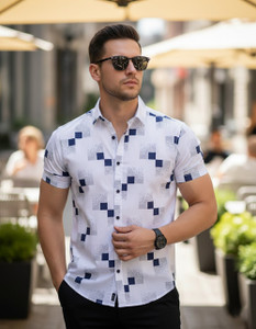 LAMBOO Men Geometric Print, Printed Casual White Shirt