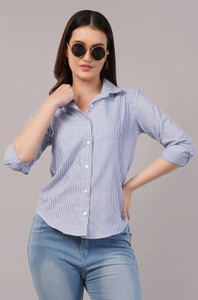TIGERSNAKE Women Striped Casual Blue Shirt