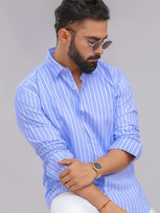 HKV FASHION Men Striped Casual Light Blue, White Shirt