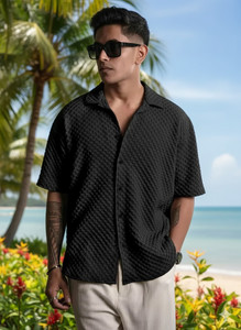 Voroxy Men Self Design Casual Black Shirt