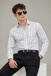 RODEIZ Men Striped Casual White, Black Shirt