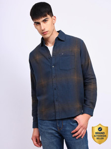 LEE Men Checkered Casual Dark Blue, Brown Shirt