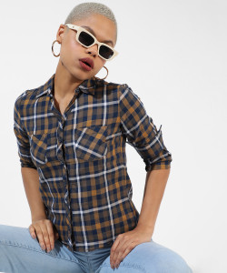 CAMPUS SUTRA Women Checkered Casual Dark Blue, Yellow, White Shirt