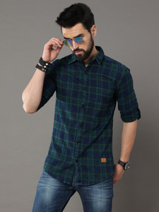 tallwalker Men Checkered Casual Green Shirt