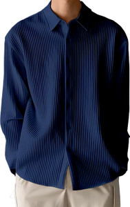 Webric Men Striped Casual Dark Blue Shirt