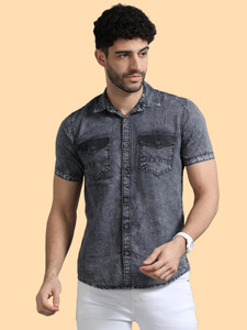 PRINTOUT Men Washed Casual Grey Shirt