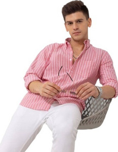 U TURN Men Striped Casual Pink Shirt