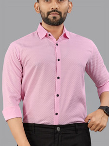 MILDIN Men Self Design Formal Pink Shirt
