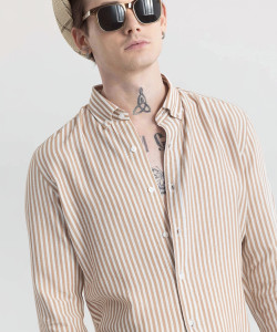 U TURN Men Striped Casual Beige Shirt