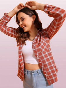 Herway Women Checkered Casual Orange Shirt