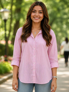 VEZLINA Women Striped Casual Pink Shirt