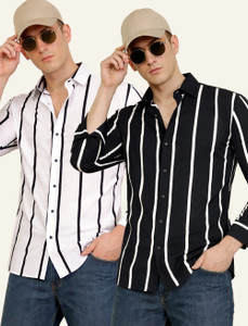 COMBRAIDE Men Striped Casual White, Black Shirt