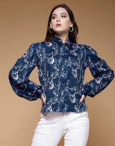 Selvia Women Printed Casual Dark Blue, White Shirt