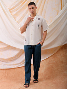 The Indian Garage Co. Men Embroidered Beach Wear Cream Shirt