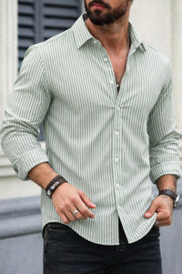 METRONAUT Men Striped Casual Light Green Shirt