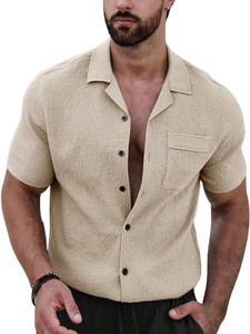 DEEMOON Men Solid Casual Beige Shirt