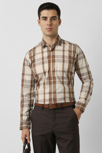 VAN HEUSEN Men Checkered Formal Beige Shirt