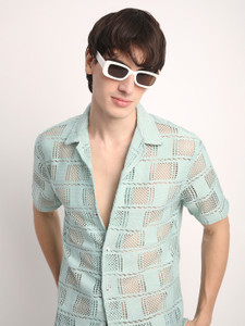 Voroxy Men Self Design Casual Green Shirt