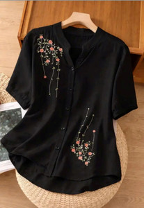 PRADHEMA Women Embroidered, Floral Print Casual Black Shirt