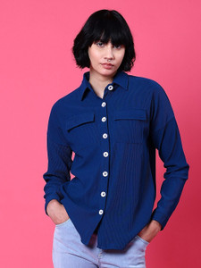 Freehand Women Self Design Casual Blue Shirt