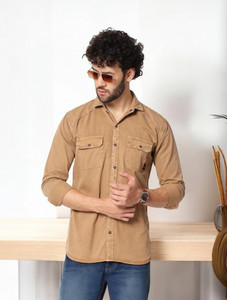 Double One Men Solid Casual Brown Shirt