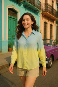 maaesa Women Dyed/Ombre Casual Blue, Yellow Shirt