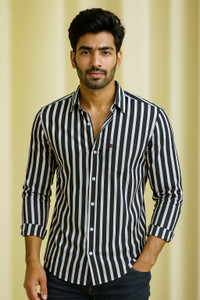 Try This Men Striped Casual Black Shirt