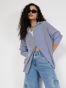 SASSAFRAS Women Striped Casual Blue, White Shirt