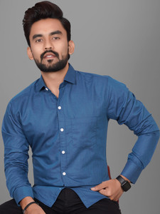 Voroxy Men Solid Casual Dark Blue Shirt