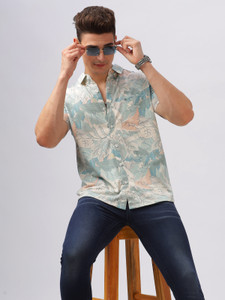 Bullmer Men Printed Casual Blue, White Shirt