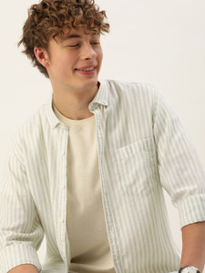 Mast & Harbour Men Striped Casual Light Green Shirt