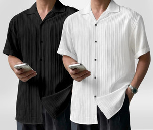 Lyphy Men Solid Casual White, Black Shirt