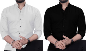 ANAND Men Solid Casual White, Black Shirt