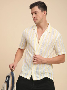 Voroxy Men Striped Casual White Shirt